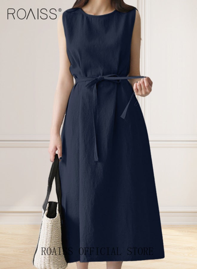 roaiss Ladies Comfortable High Waist Dress for Daily Commute Sleeveless Cotton A-Line High-Rise  Dress with Simple Design and Soothing Solid Color Featuring Waist Design and Round Neckline for Ladies Elegant Temperament Casual Outfit - Image 1