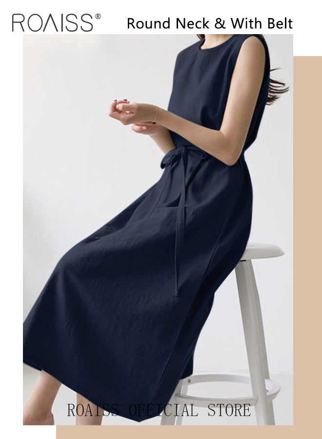roaiss Ladies Comfortable High Waist Dress for Daily Commute Sleeveless Cotton A-Line High-Rise  Dress with Simple Design and Soothing Solid Color Featuring Waist Design and Round Neckline for Ladies Elegant Temperament Casual Outfit - Image 2