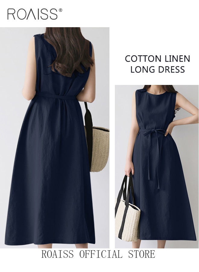 roaiss Ladies Comfortable High Waist Dress for Daily Commute Sleeveless Cotton A-Line High-Rise  Dress with Simple Design and Soothing Solid Color Featuring Waist Design and Round Neckline for Ladies Elegant Temperament Casual Outfit - Image 5