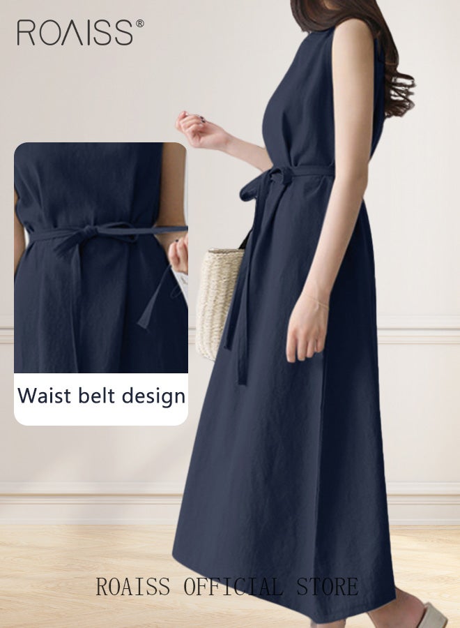 roaiss Ladies Comfortable High Waist Dress for Daily Commute Sleeveless Cotton A-Line High-Rise  Dress with Simple Design and Soothing Solid Color Featuring Waist Design and Round Neckline for Ladies Elegant Temperament Casual Outfit - Image 3