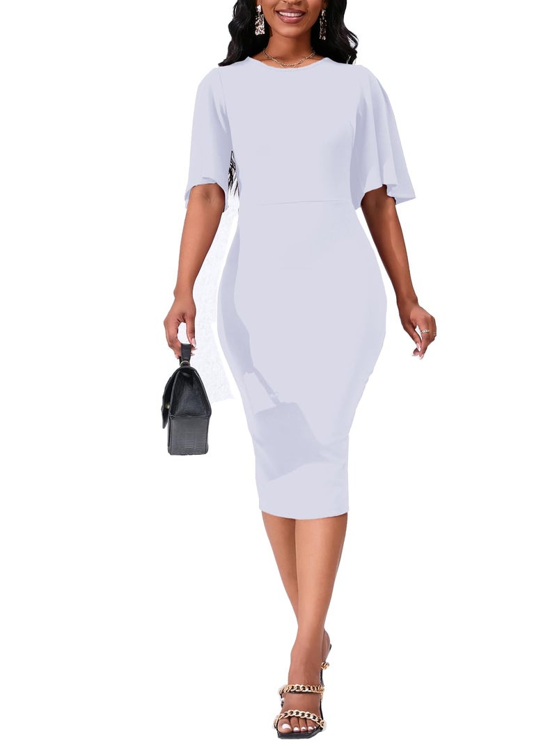 WanMem White Church Dress for Women Elegant Ruffle Short Sleeve Bodycon Knee Length Work Dress, White - Image 5