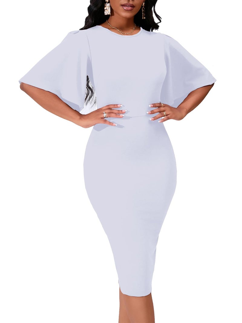 WanMem White Church Dress for Women Elegant Ruffle Short Sleeve Bodycon Knee Length Work Dress, White - Image 3