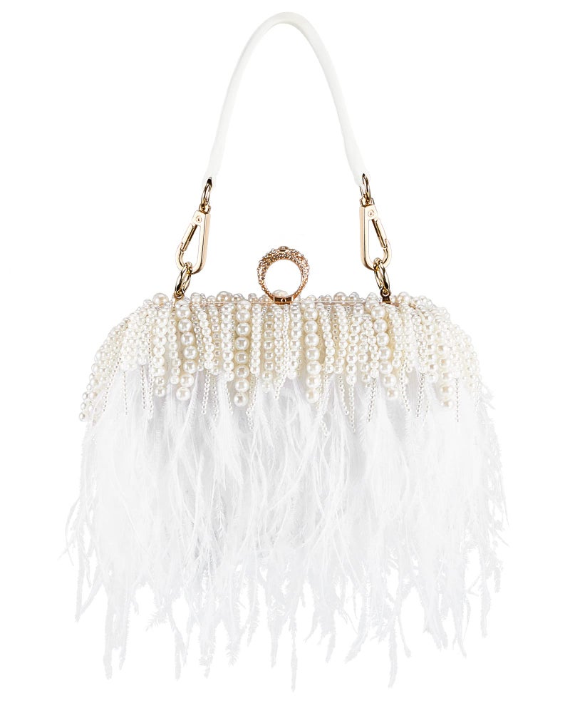 Tessco Women Ostrich Feather Tote Bag Fluffy Purse Clutch Feather Evening Handbag for Wedding(White with Pearl) - Image 1