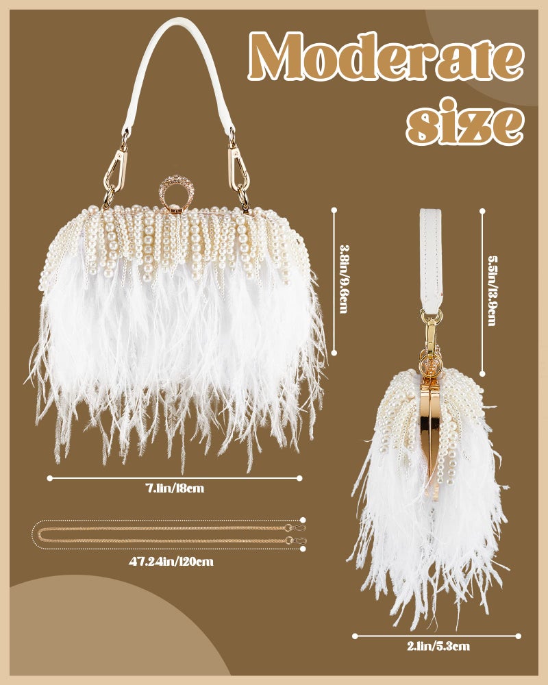 Tessco Women Ostrich Feather Tote Bag Fluffy Purse Clutch Feather Evening Handbag for Wedding(White with Pearl) - Image 2