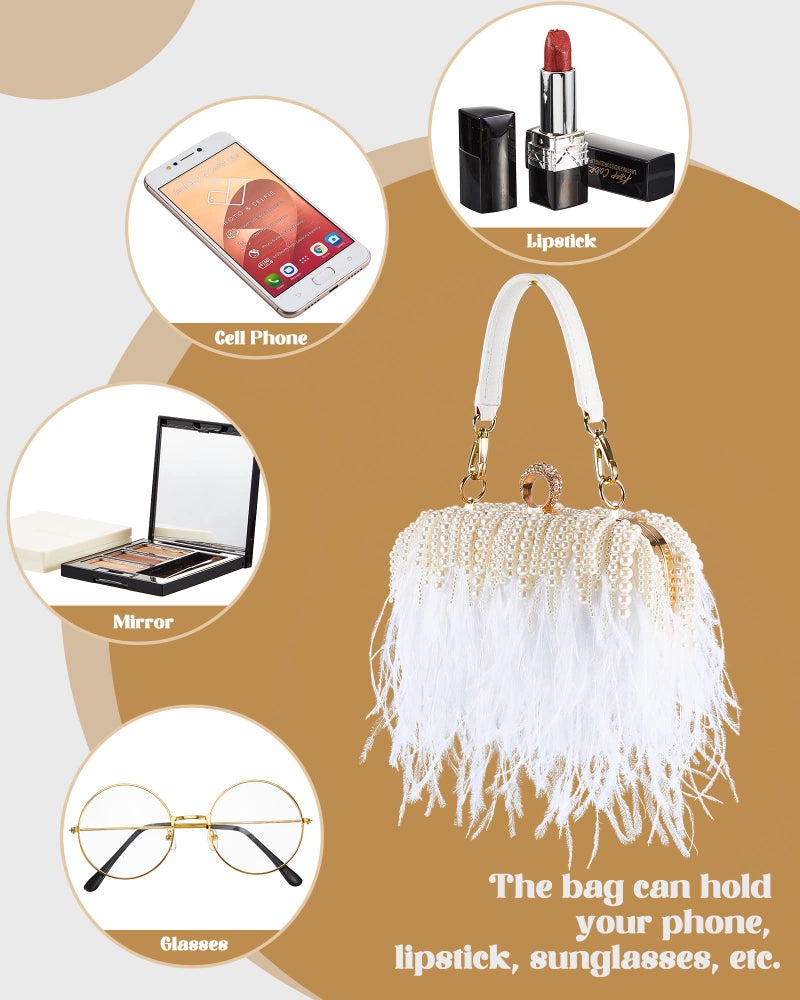 Tessco Women Ostrich Feather Tote Bag Fluffy Purse Clutch Feather Evening Handbag for Wedding(White with Pearl) - Image 5