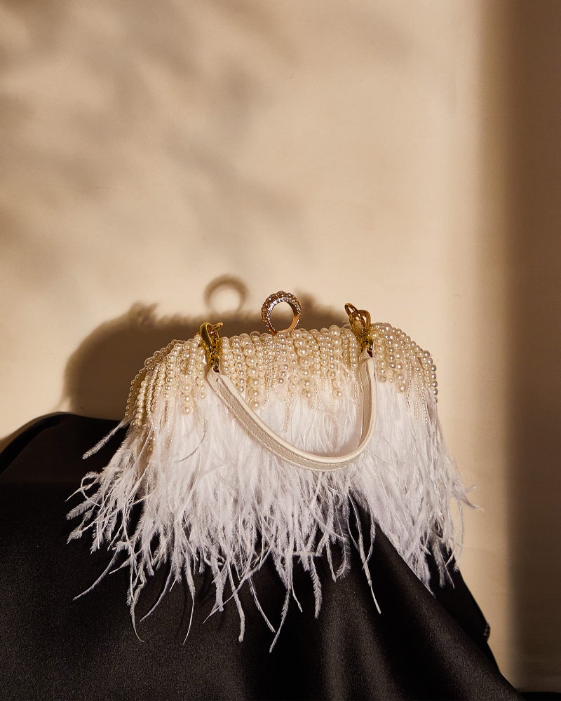 Tessco Women Ostrich Feather Tote Bag Fluffy Purse Clutch Feather Evening Handbag for Wedding(White with Pearl) - Image 4