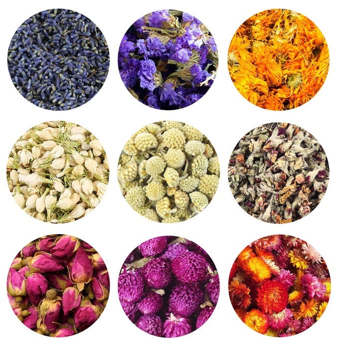 DRY FLOWERS AND HERBS ACCESSORIES DECORATIONS NATURAL FLOWER 12 BAGS SET DRIED FLOWERS FOR SOAP BATH BOMBS MAKING AND DRIED FLOWER CRAFTS