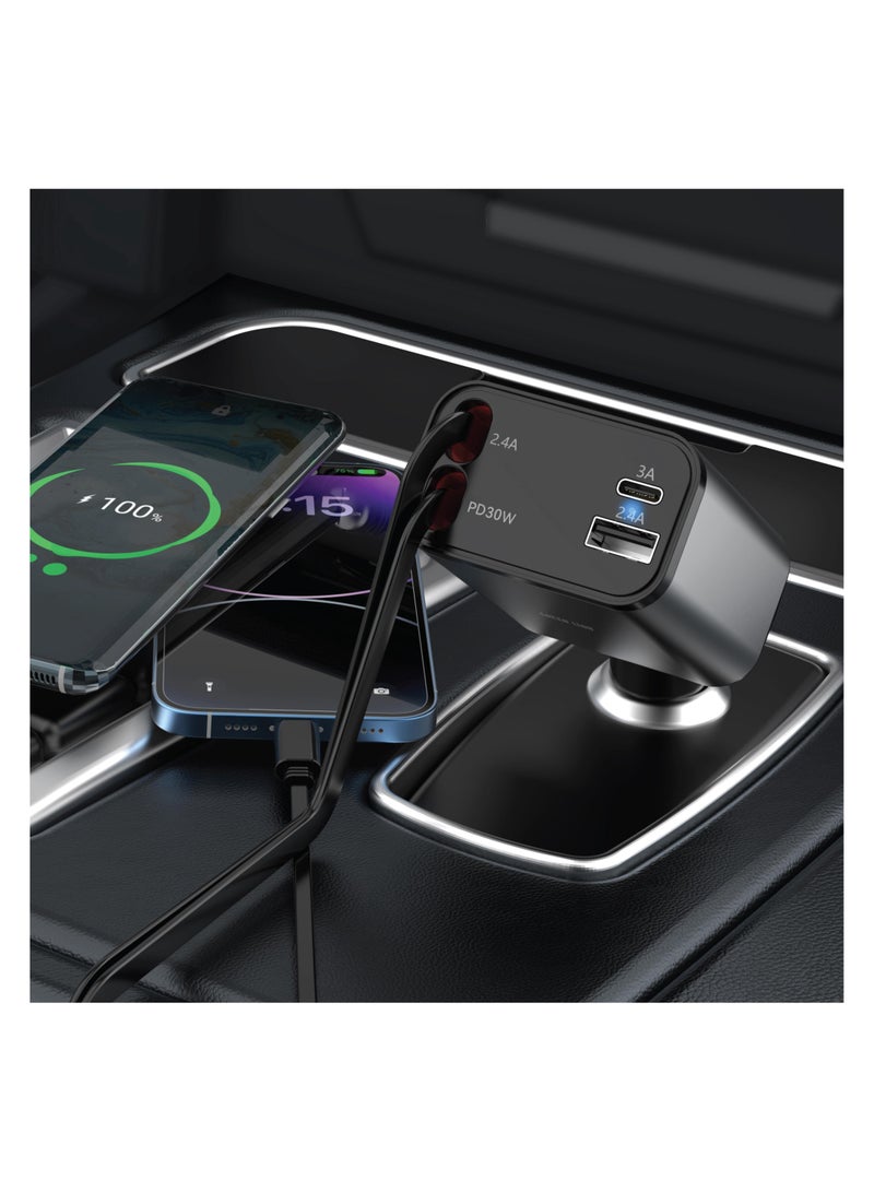 GREEN LION Retractable 50W Car Charger with Digital Display / 80cm Cable Length / Angle 180° Adjustment /30W Max USB-C Cable Output - Black - Image 2