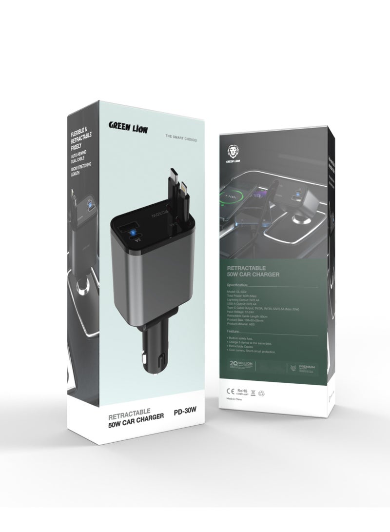 GREEN LION Retractable 50W Car Charger with Digital Display / 80cm Cable Length / Angle 180° Adjustment /30W Max USB-C Cable Output - Black - Image 3
