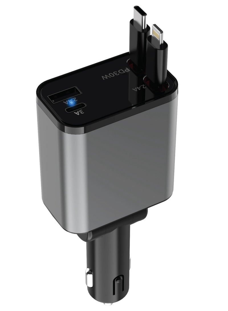 GREEN LION Retractable 50W Car Charger with Digital Display / 80cm Cable Length / Angle 180° Adjustment /30W Max USB-C Cable Output - Black - Image 1