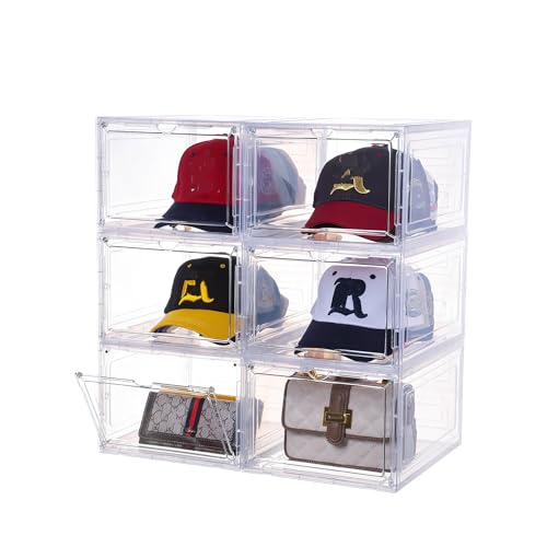 Hat Organizer for Baseball Capsset of 6 Transparent Storage Box Hat Holder With Clear Magnetic Door Stackable Rack Easy to Assemble Stylish Display135 x 106 x 75