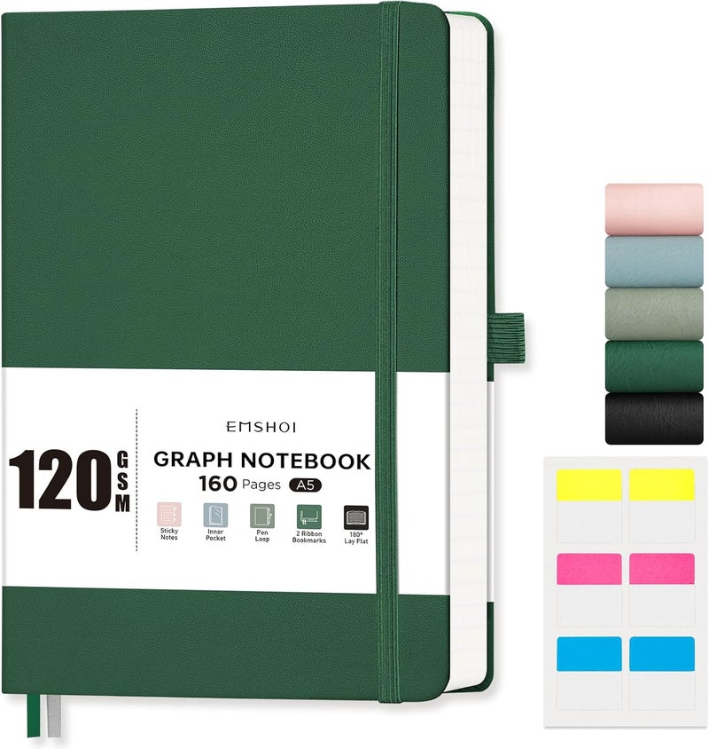 EMSHOI A5 Notebook Graph Paper - 120 GSM Hardcover Leather Squared Journal with Sticky Notes, 160 Pages Grid Notebook for Women Men Work School Graphing, Engineering, 14.5 X 21 cm - Dark Green - Image 1