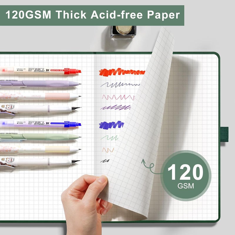 EMSHOI A5 Notebook Graph Paper - 120 GSM Hardcover Leather Squared Journal with Sticky Notes, 160 Pages Grid Notebook for Women Men Work School Graphing, Engineering, 14.5 X 21 cm - Dark Green - Image 2