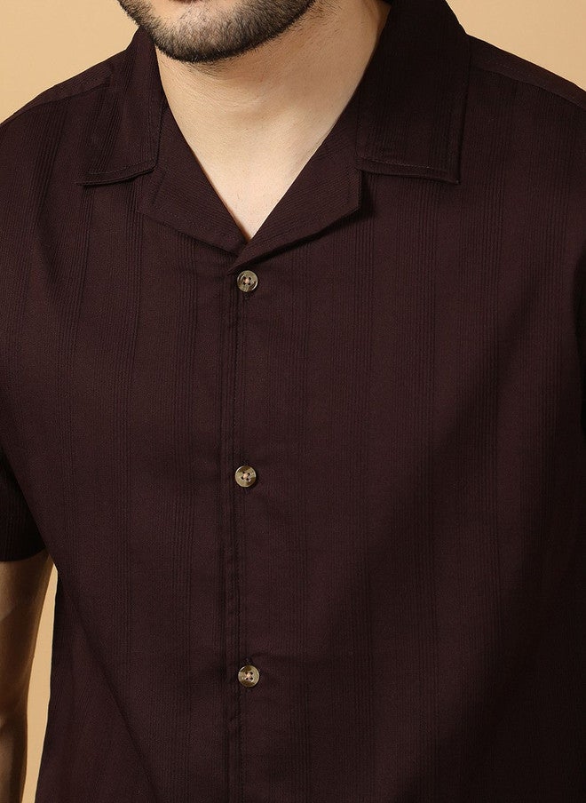 Hence Men Relaxed Casual Maroon Textured Shirt with Cuban Collar - Image 2