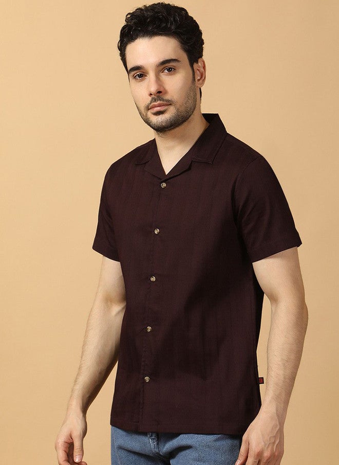 Hence Men Relaxed Casual Maroon Textured Shirt with Cuban Collar - Image 4