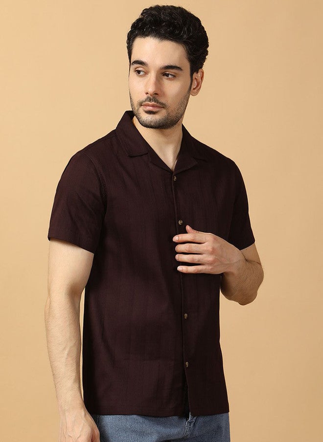 Hence Men Relaxed Casual Maroon Textured Shirt with Cuban Collar - Image 3