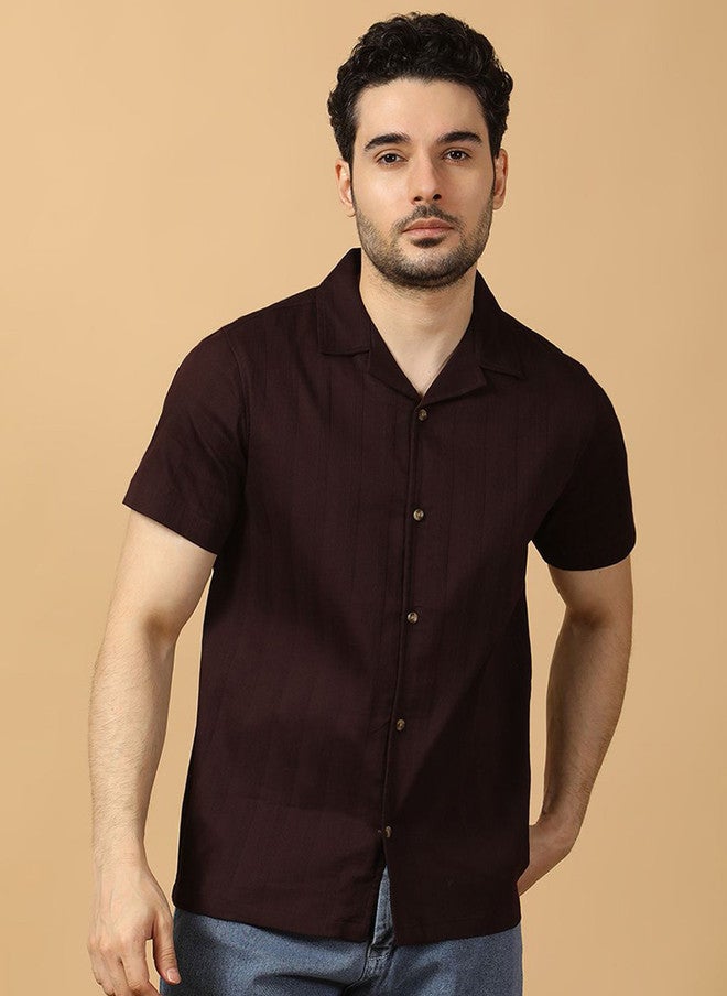 Hence Men Relaxed Casual Maroon Textured Shirt with Cuban Collar - Image 1