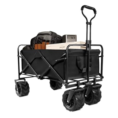 Matiko Collapsible Foldable Wagon, Heavy Duty Beach Cart, Folding Wagon Portable, Black Large Capacity Utility Wagon, Garden Cart with Adjustable Handle Shopping, Camping, Outdoor 60cm*88cm*50cm (Big) - Image 1