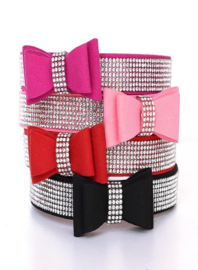 Beirui Rhinestone Bling Leather Dog & Cat Collar - Flocking Sparkly Crystal Diamonds Studded - Cute Double Bowknot for Pet Show & Daily Walking,Hot Pink,Medium Neck fit 12.5-15" - Image 2