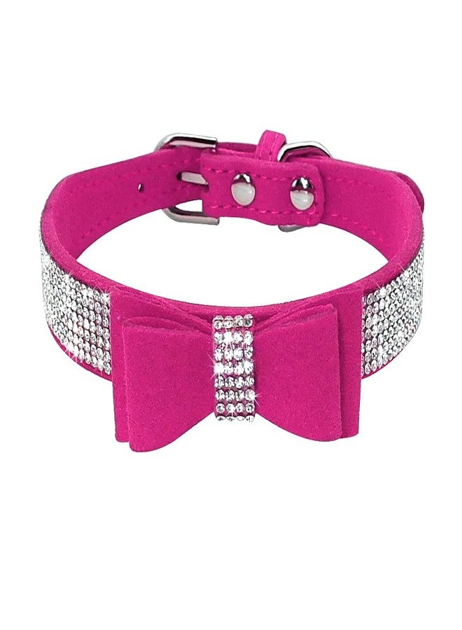 Beirui Rhinestone Bling Leather Dog & Cat Collar - Flocking Sparkly Crystal Diamonds Studded - Cute Double Bowknot for Pet Show & Daily Walking,Hot Pink,Medium Neck fit 12.5-15" - Image 1
