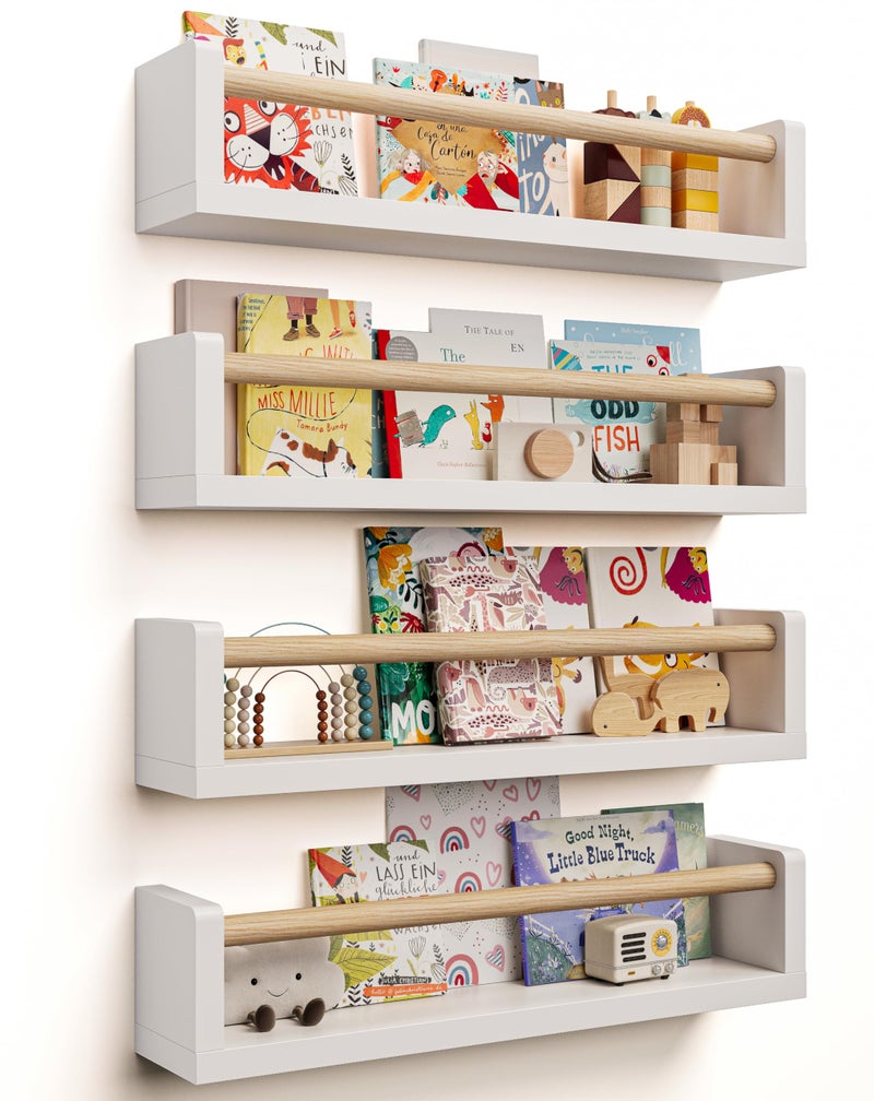 Seocry Nursery Book Shelves, 4 Pack, Wall Book Shelves for Kids Room, Baby, Toddler, Nursery Decor (White Wood, 16.5 Inches) - Image 1