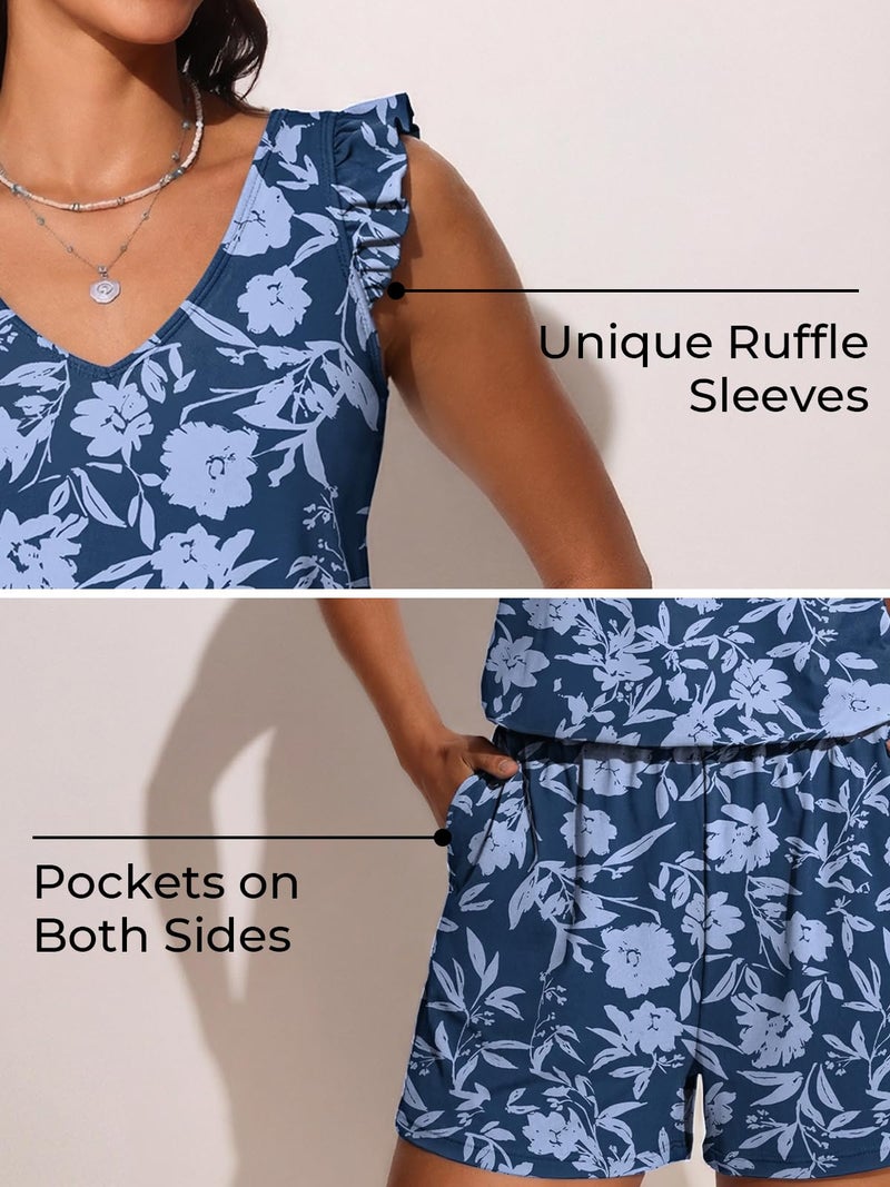 Summer Mae Ruffle Swim Romper One Piece Swimsuit Women Modest High-Back Bathing Suit with Pockets 2026 Swimwear Blue Branches Flowers 14 - Image 5
