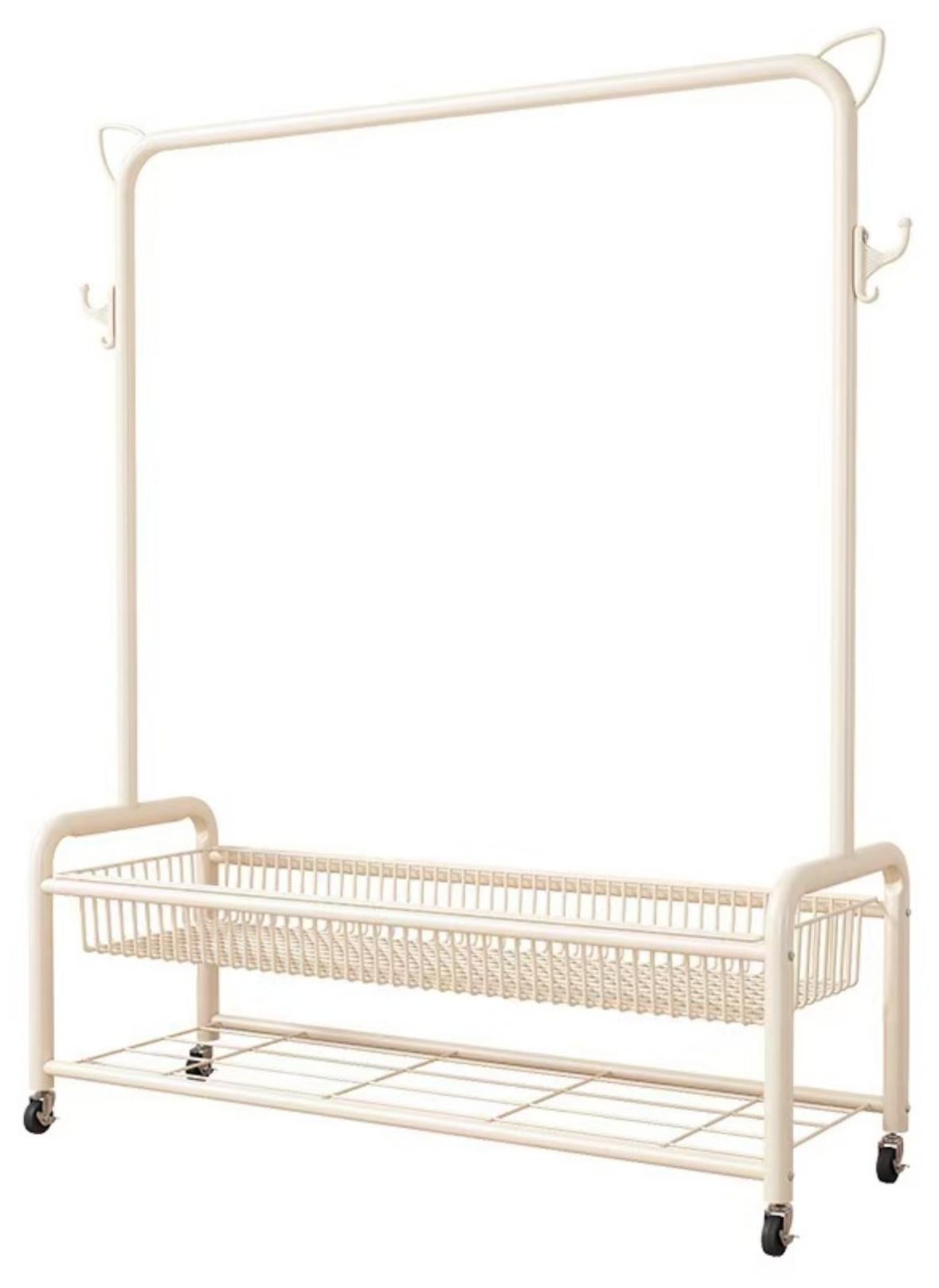 Rolling Garment Rack with Storage Basket, Metal Clothing Stand with Wheels, Sturdy Metal Frame, Adjustable Rod, Space-Saving Design, White