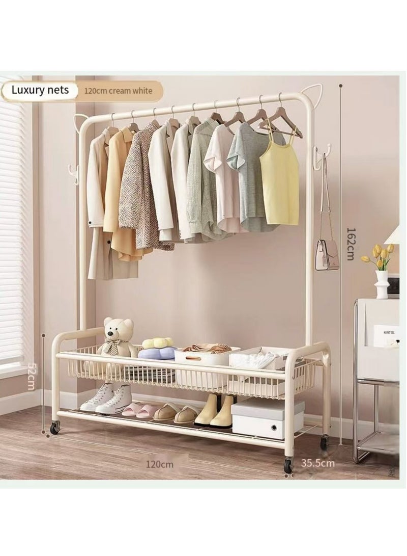 Rolling Garment Rack with Storage Basket, Metal Clothing Stand with Wheels, Sturdy Metal Frame, Adjustable Rod, Space-Saving Design, White  - Image 2
