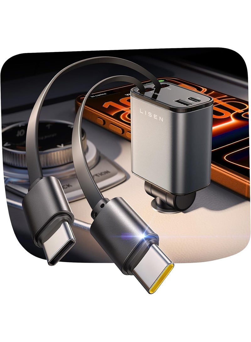 ليسن شاحن سيارة USB C 4 في 1، 75W سريع مزدوج Type C مطور مع كابل مدمج، متوافق مع iPhone 16-14 و Galaxy S26-S23 و Huawei Xiaomi Honor Oppo Vivo و Laptop و Apple Watch، أسود - Image 1