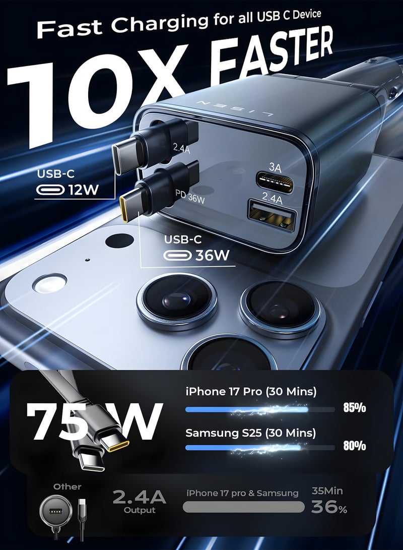 ليسن شاحن سيارة USB C 4 في 1، 75W سريع مزدوج Type C مطور مع كابل مدمج، متوافق مع iPhone 16-14 و Galaxy S26-S23 و Huawei Xiaomi Honor Oppo Vivo و Laptop و Apple Watch، أسود - Image 3