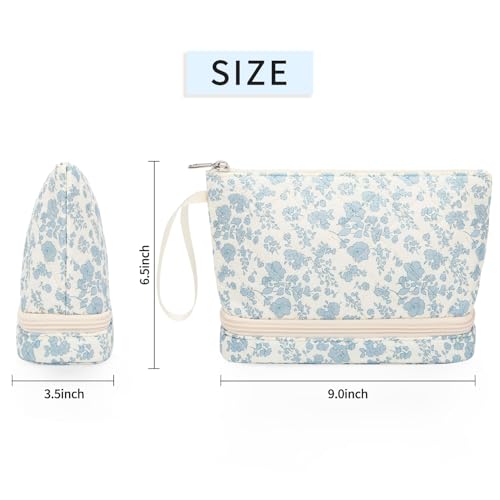 Ethereal Small Makeup Bag, 2 Layers Travel Make up Organizer Bag with Makeup Brush Holder, Portable Cosmetic Bag for Women/Girls, Blue Flower - Image 5