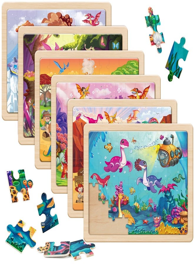 SYNARRY Wooden Dinosaur Puzzles for Kids Ages 4-6, 6 Packs 60 PCs Jigsaw Puzzles Educational Toys Gifts for Children Ages 4-8, Easter Basket Stuffers Gifts Toys for Kids - Image 1