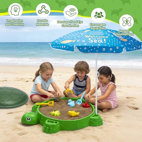 VROGTIK Turtle Sandbox with Lid Umbrella 38 Kids Sandbox with Beach Toys Set Safe Sensory Play Sand Box for Toddlers Indoor Outdoor Backyard Summer Gift for Ages 38 - Image 5
