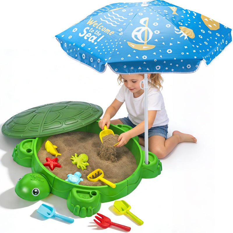 VROGTIK Turtle Sandbox with Lid Umbrella 38 Kids Sandbox with Beach Toys Set Safe Sensory Play Sand Box for Toddlers Indoor Outdoor Backyard Summer Gift for Ages 38 - Image 3