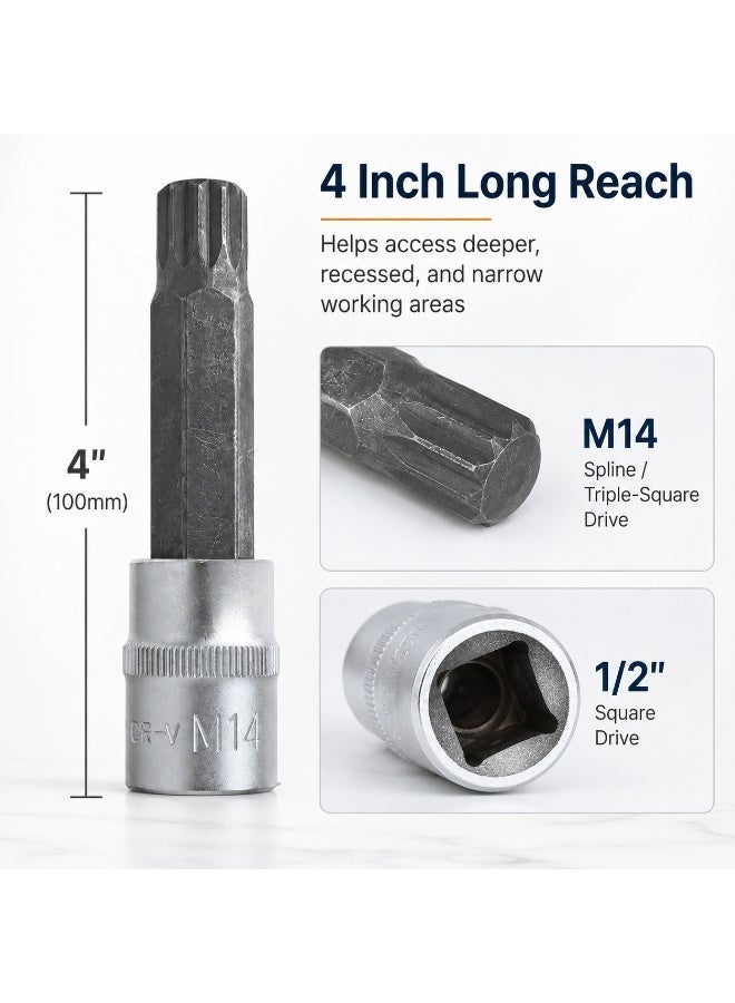 مقبس M14 Spline Bit، محرك 1/2 بوصة، أداة مقبس مربع ثلاثي CR-V بطول 4 بوصة للسقاطة، إصلاح السيارات، ورشة العمل والصيانة بنفسك - Image 3