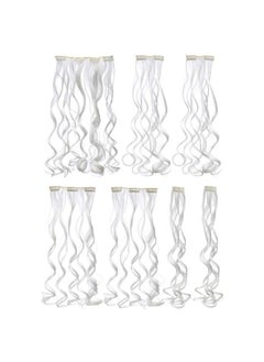 SWACC SWACC 7 Pcs Full Head Party Highlights Clip on in Hair Extensions Colored Hair Streak Synthetic Hairpieces (20-Inch Curly, White)  - Image 3