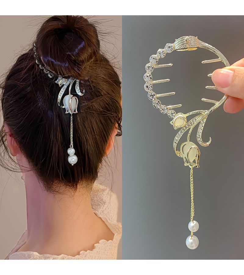 Golden 1pc Pearl Tassel Tulip Hair Clip Artificial Flower Hair Accessory for Women Ponytail Bun Holder Party - Image 2