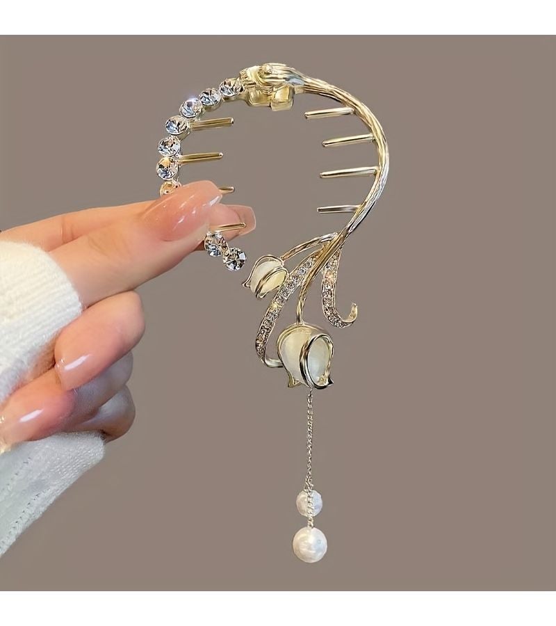 Golden 1pc Pearl Tassel Tulip Hair Clip Artificial Flower Hair Accessory for Women Ponytail Bun Holder Party - Image 4
