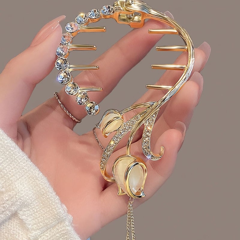 Golden 1pc Pearl Tassel Tulip Hair Clip Artificial Flower Hair Accessory for Women Ponytail Bun Holder Party - Image 3