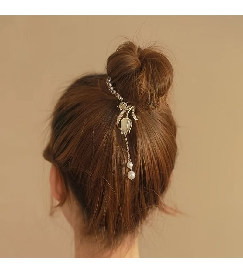 Golden 1pc Pearl Tassel Tulip Hair Clip Artificial Flower Hair Accessory for Women Ponytail Bun Holder Party - Image 5