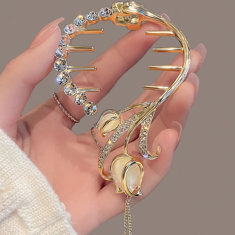 Golden 1pc Pearl Tassel Tulip Hair Clip Artificial Flower Hair Accessory for Women Ponytail Bun Holder Party - Image 1