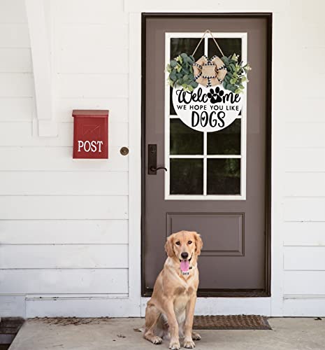 YILOUR Welcome We Hope You Like Dogs Farmhouse Door Sign for Front Door Porch Decor Φ30cm Round Wooden with Eucalyptus Leaves Hanging Housewarming Home Decor for Dogs Lovers Gift (White) - Image 2