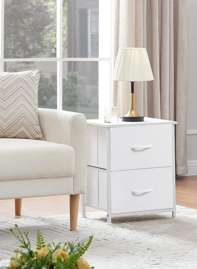 هارلان طاولة سرير جانبية بدرجين، طاولة سرير جانبية بسيطة، طاولة سرير جانبية بأدراج قماشية، طاولة جانبية مع مساحة تخزين لغرفة النوم، غرفة النوم المشتركة، غرفة الضيوف، غرفة المعيشة، لون أبيض. - Image 2