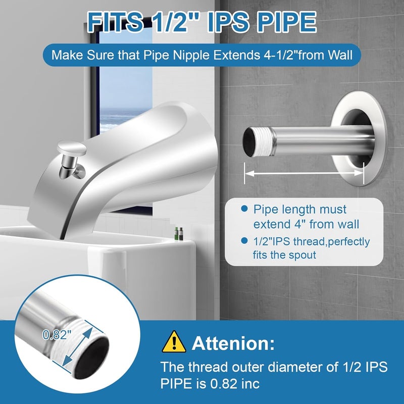 Coolfell 5 1/4 Inch Bathroom Tub Spout, Compatible with Westbrass E531D-1F-62, Bathtub Faucet for Wall Front Mount, Tub Spout with Shower Diverter for 1/2'' IPS Inside Thread (Chrome) - Image 3