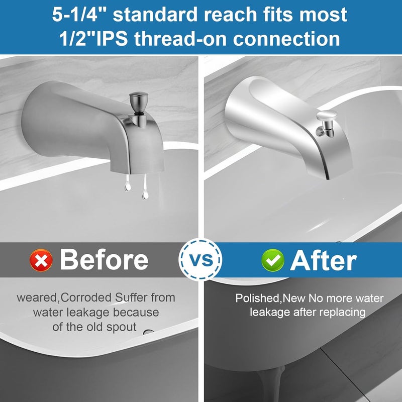 Coolfell 5 1/4 Inch Bathroom Tub Spout, Compatible with Westbrass E531D-1F-62, Bathtub Faucet for Wall Front Mount, Tub Spout with Shower Diverter for 1/2'' IPS Inside Thread (Chrome) - Image 5