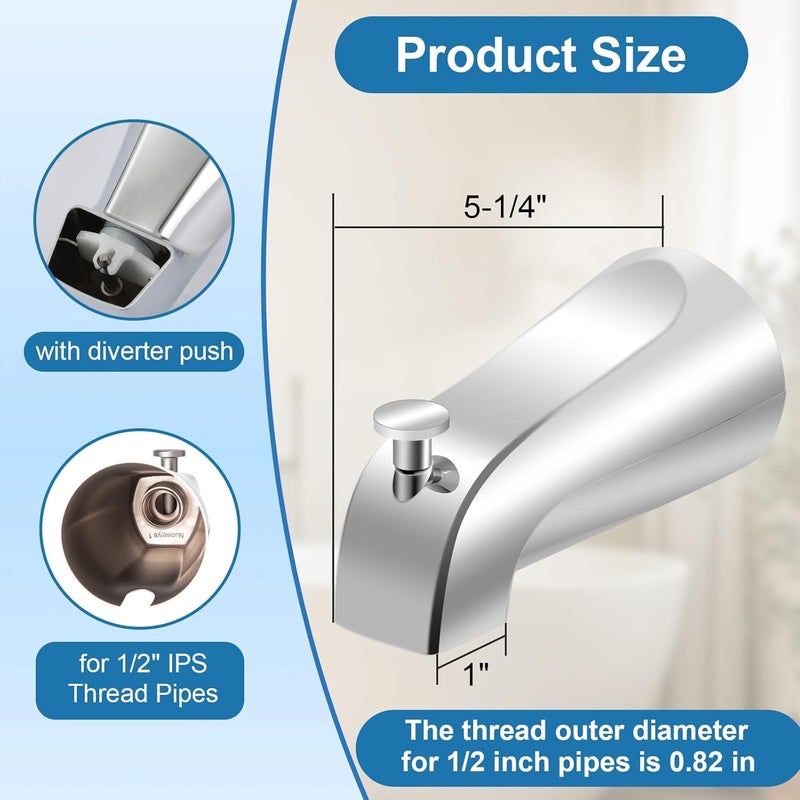 Coolfell 5 1/4 Inch Bathroom Tub Spout, Compatible with Westbrass E531D-1F-62, Bathtub Faucet for Wall Front Mount, Tub Spout with Shower Diverter for 1/2'' IPS Inside Thread (Chrome) - Image 2