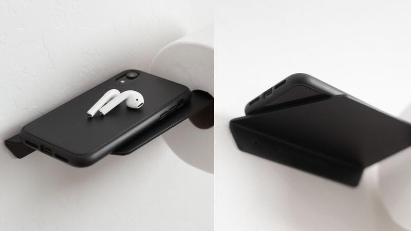 iSTAR Metal Self Adhesive Toilet Paper Holder with Mobile Stand | Multipurpose Tissue Roll Holder & Towel Bar Hanger | Wall-Mounted Bathroom Storage Rack Angled Shelf for Home, Washroom, Hotel (Black) - Image 3