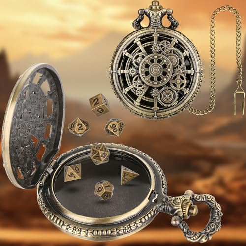 Keller & Weber Mini DND Dice Set with Steampunk Hollow Gear Pocket Watch Shell Case 7pcs Polyhedral Metal DD Dice DND Gifts with Gift Box for DND Fans Role Playing Board Games Accessories - Image 5