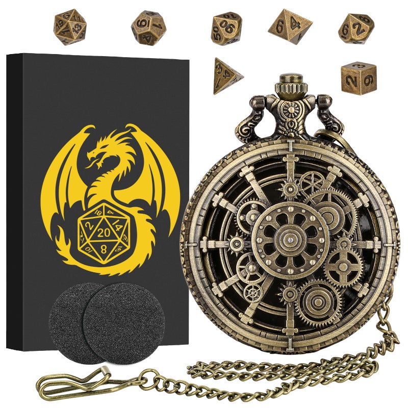 Keller & Weber Mini DND Dice Set with Steampunk Hollow Gear Pocket Watch Shell Case 7pcs Polyhedral Metal DD Dice DND Gifts with Gift Box for DND Fans Role Playing Board Games Accessories - Image 3
