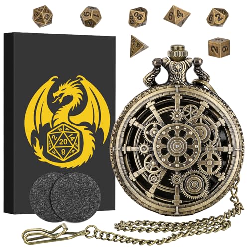 Keller & Weber Mini DND Dice Set with Steampunk Hollow Gear Pocket Watch Shell Case 7pcs Polyhedral Metal DD Dice DND Gifts with Gift Box for DND Fans Role Playing Board Games Accessories - Image 1